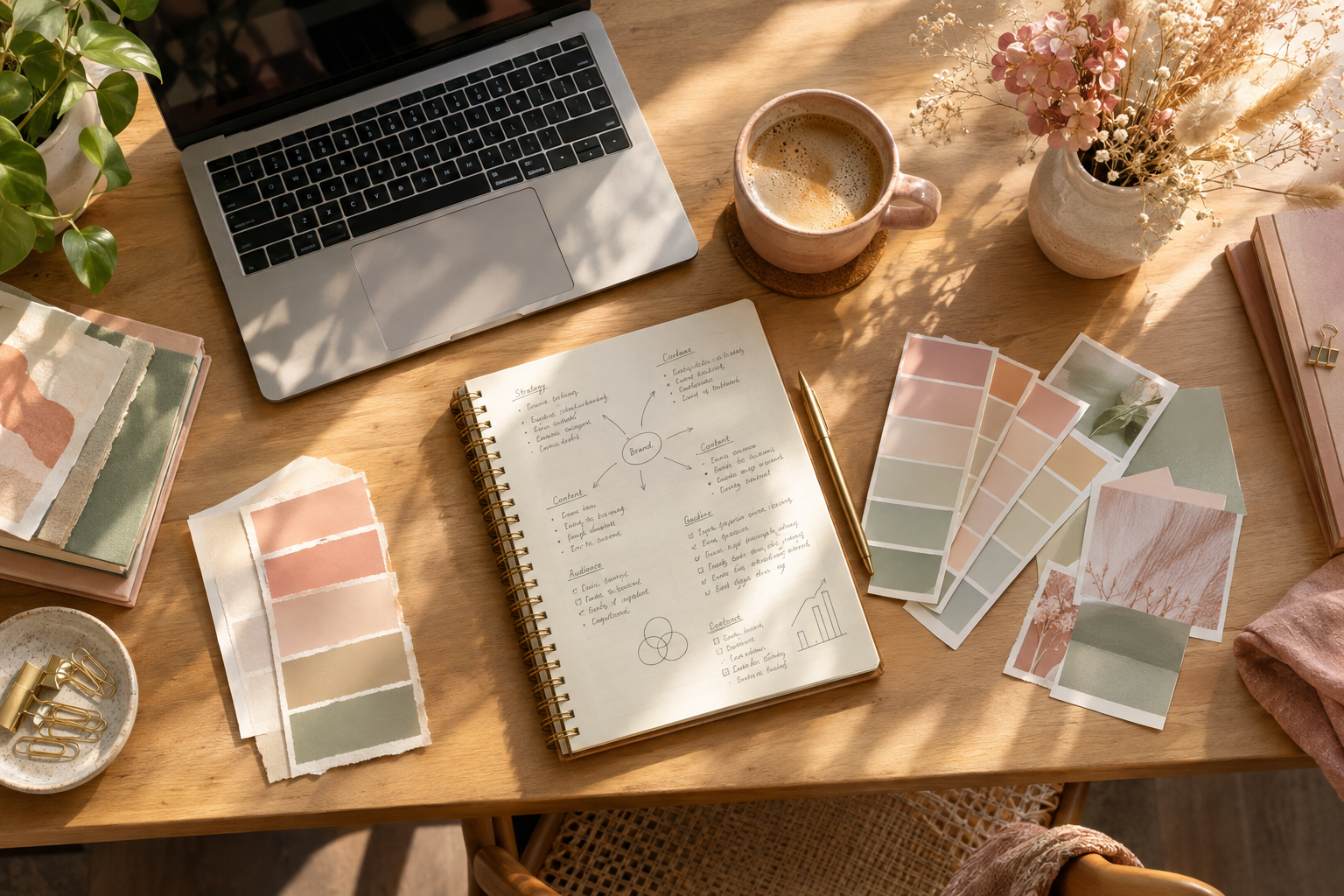 Warm creative studio desk with pastel swatches