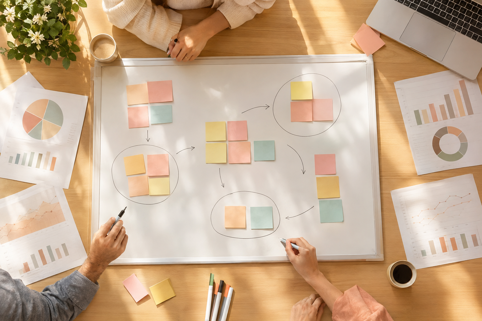 Strategy planning with pastel sticky notes