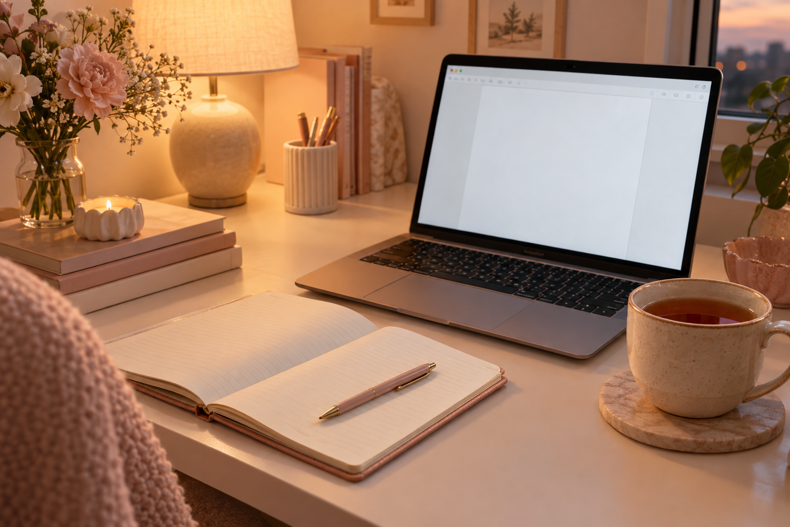 Video poster: notebook and tea on a desk